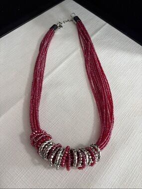 Red Multi-Strand Beaded Necklace with Silver Accent Rings